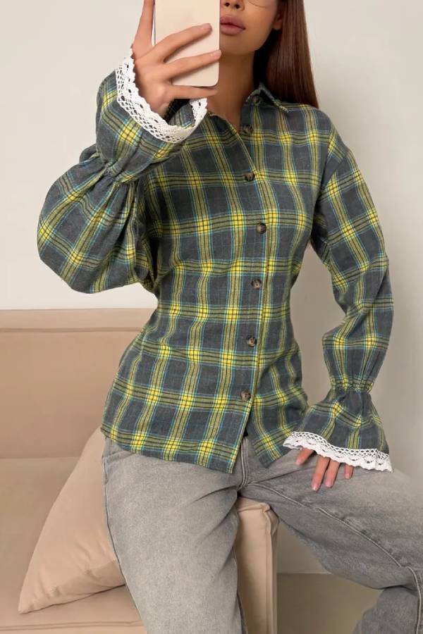 Lace Cuff Fitted Plaid Blouse