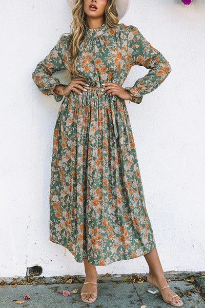 Green Frill Neck Boho Floral Print Pleated Belted Maxi Dress