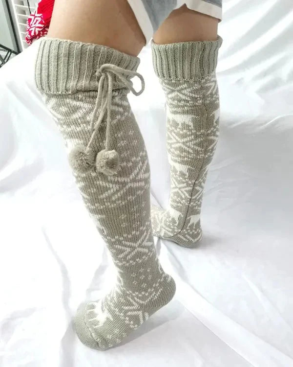 Christmas Elk Snowflake Print Pom Pom Socks