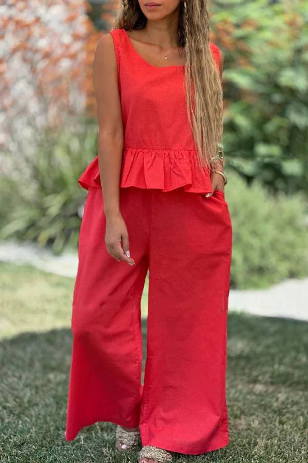 Cotton And Linen Solid Color Sleeveless Top & Wide Leg Pants Two-Piece Set