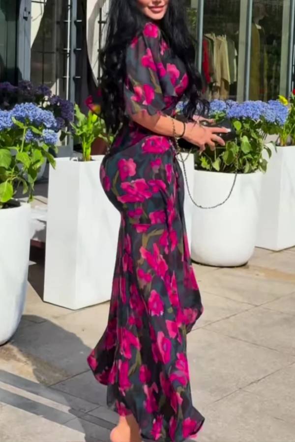 Retro V-neck trumpet sleeve printed dress