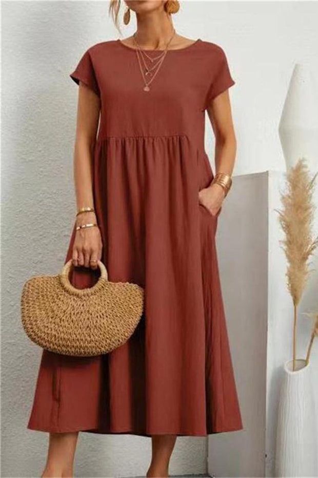 Cotton Linen Solid Short Sleeve Midi Dress