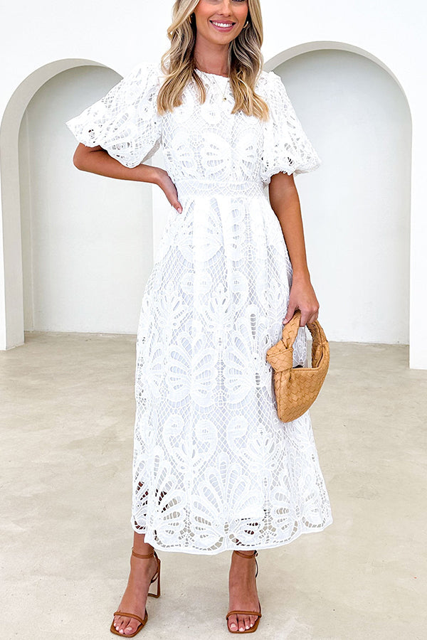 Date To Remember Crochet Lace Puff Sleeves Midi Dress