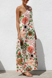 Botanical Print Elegant Strappy One-shoulder Resort Maxi Dress