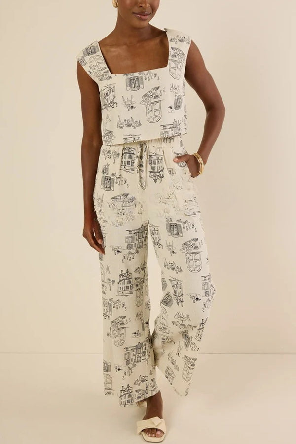 Maeve Linen Blend Unique Print Square Neck Tank and Elastic Waist Pocket Loose Pants Set