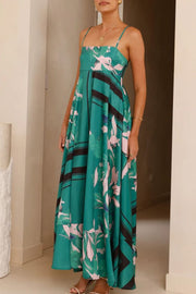 Botanical Print Square Neck Suspender Casual Full Hem Maxi Dress