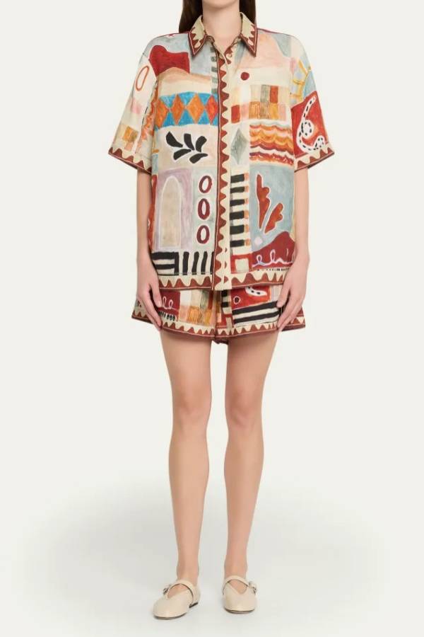Abstract Oil Painting Print Short Sleeve Shirt & Shorts Two Piece Set