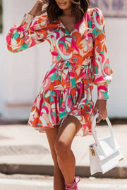 V-neck tie-up printed ruffle dress