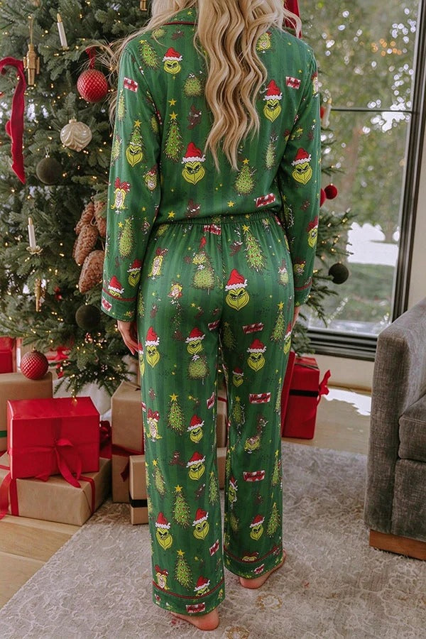 Grinch Unique Print Long Sleeve Loose Shirt and Elastic Waist Pocket Pajama Set