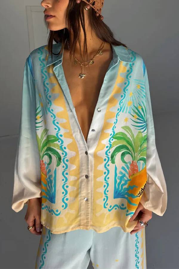See You in Rio Tropical Fruits Print Button Long Sleeve Loose Blouse