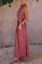 Such A Vibe High Neck Satin Drape Maxi Skirt Set