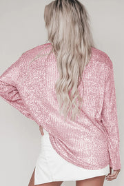 Solid color button-down long-sleeve sequined cardigan