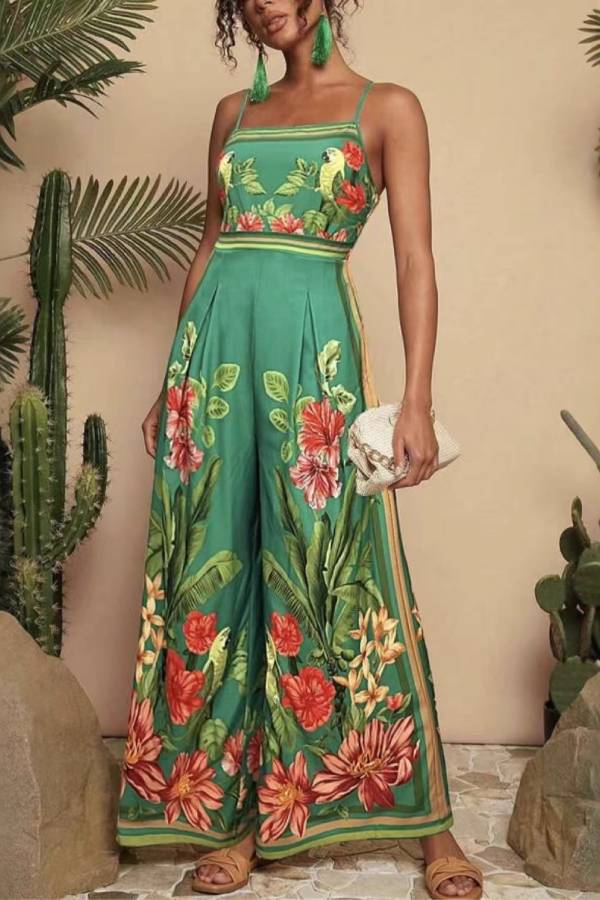 Multi-Color Tropical Floral & Parrot Print Cami Wide Leg Jumpsuit