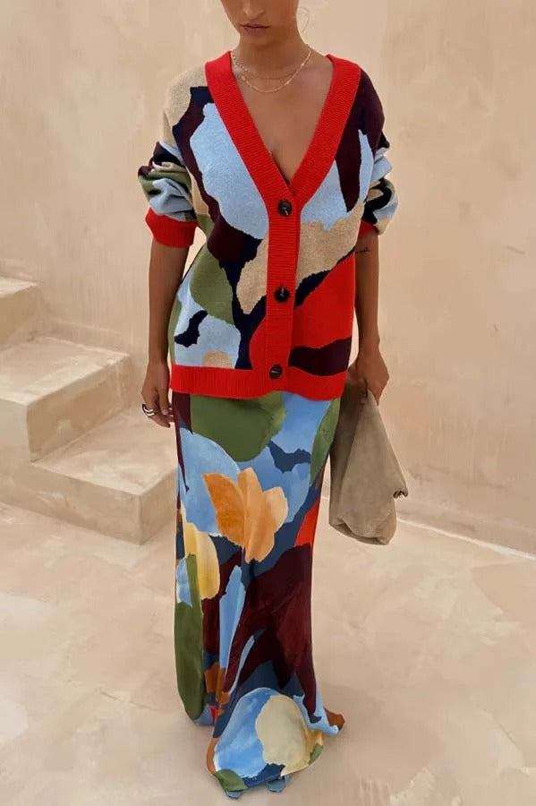 Bright and Bold Knit Abstract Color Blocks Button Long Sleeve Loose Cardigan