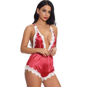 Sexy lace temptation deep V one-piece pajamas