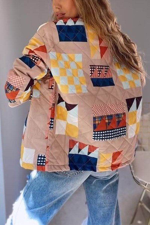 Geometric print stand collar quilted cotton coat