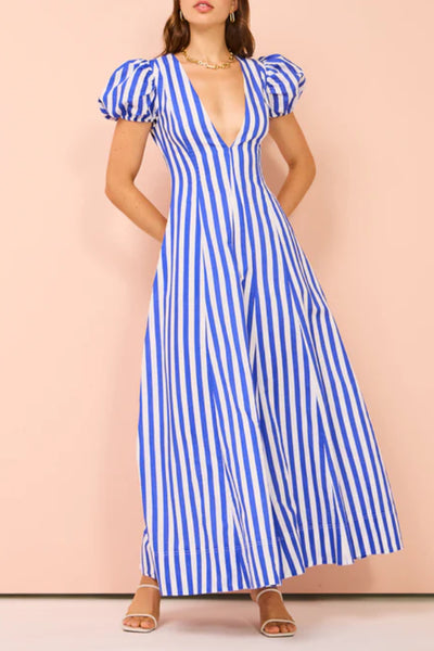 Indulge in Timeless Striped Print Puff Sleeve Pocketed Wavy Maxi Dress