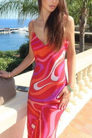 Sunny Horizon Unique Print V-neck Slit Slip Maxi Dress