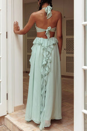Gorgeous Vacation Halter Rose Detail Cut Out Ruffles Backless Maxi Dress