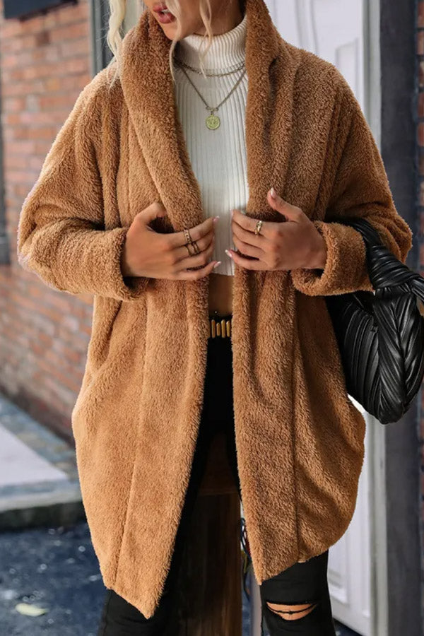 Loose Casual Solid Color Plush Buttonless Lapel Long Sleeve Coat