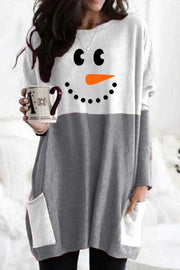 Snowman Print Long Sleeve Pocket Pullover Mini Dress