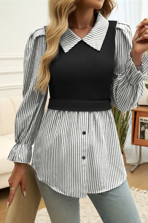 Women Fashionable Colorblock Striped Long Sleeve Blouse