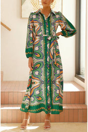 COLLARED BUTTON UP LONG BALLOON SLEEVE MAXI DRESS