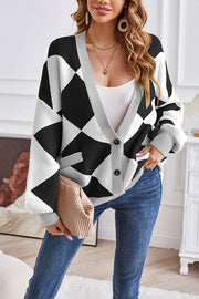 V-neck geometric patchwork contrasting knitted cardigan casual loose jacket