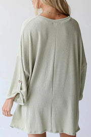 Kpion Pocket Crew Neck Button Down Long Sleeve Top