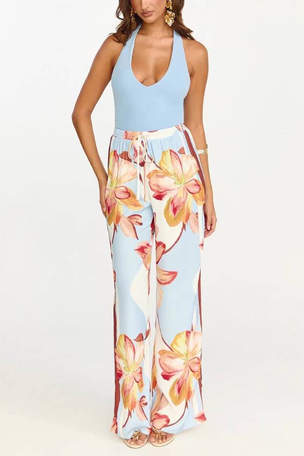 Tropical Floral Print High Waist Elastic Wide Leg Pants