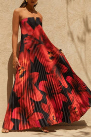 For Every Occasion Satin Pleated Floral Print V-wire Bandeau Neck Maxi Dress