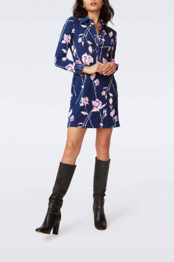 Floral print shirt collar long-sleeved straight dress