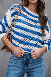 Fashion Loose Striped Hollow Crew Neck Knit Sweater