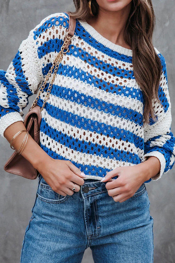 Fashion Loose Striped Hollow Crew Neck Knit Sweater