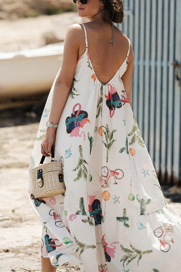 Summer Fashion Unique Print Round Neck Suspender Backless Midi Dress