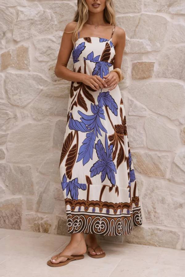 Tropical Leaf Print Square Neck Cami Waisted Maxi Dress