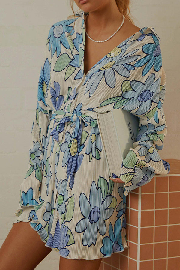Floral print lace-up lapel cardigan long-sleeve dress