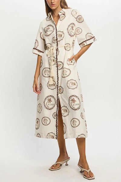 Resort Style Print Lapel Short Sleeves Casual Pocket Waist Tie Loose Midi Dress