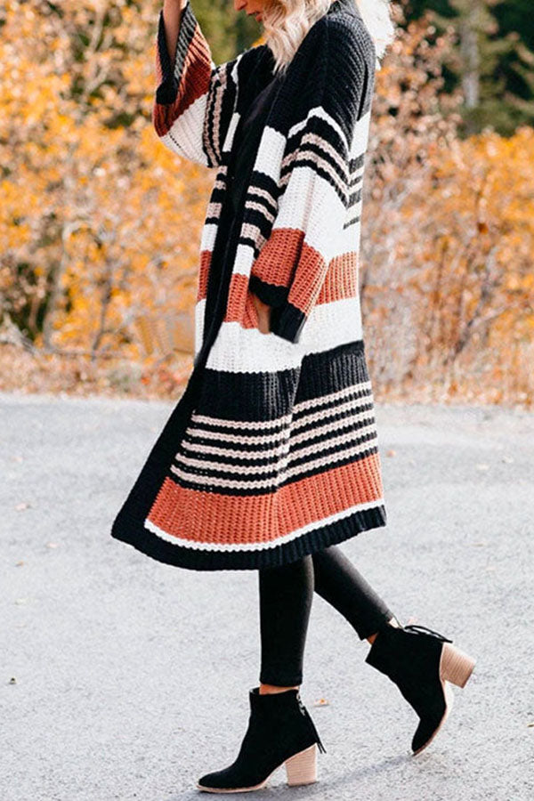 Pocketed Color Block Striped Chunky Knit Midi Cardigan