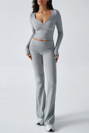 Women's Solid Color Simple Long Sleeve V-Neck Top And Trousers Knit Two-Piece Set