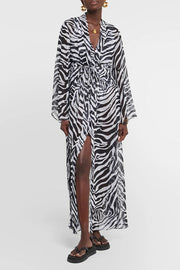 Marsie Zebra-print Elastic Drawstring Waist Long Bell Sleeve Cover-up Kimono