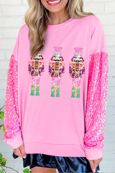 Pink Nutcracker Sequin Sleeve Patchwork Graphic Sweatshirt