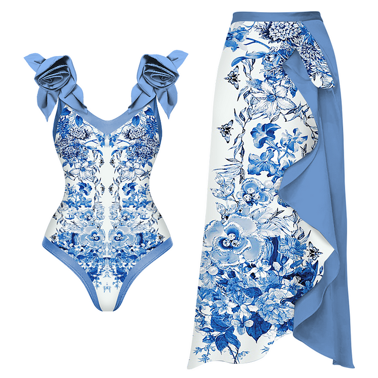3D Flower Maiolica Print One Piece Swimsuit and Skirt