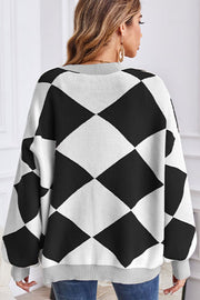 V-neck geometric patchwork contrasting knitted cardigan casual loose jacket