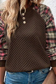 Fashionable diamond plaid patchwork long-sleeved round neck casual sweatshirt