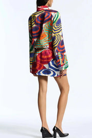 Elouise Satin Color Block Art Print Long Sleeve Button Back Elastic Waist H-line Mini Dress