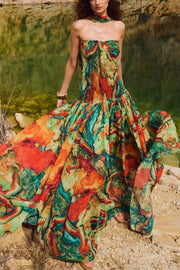 Vacay Vibes Colorful Lava Print Off Shoulder Smocked Scarf Maxi Dress