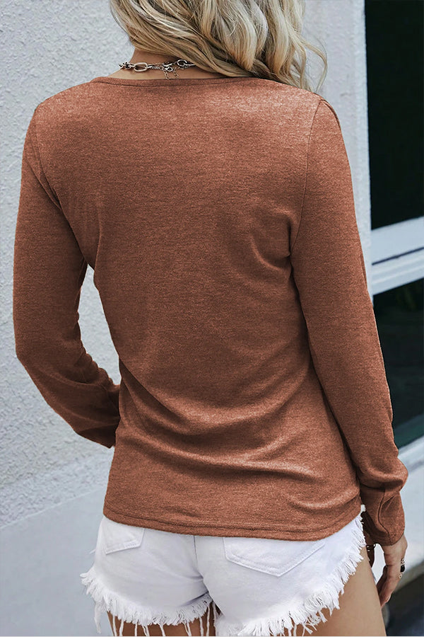 Ribbed Snap Button Henley Long Sleeve Top