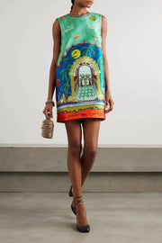 Round Neck Graffiti Satin Miniskirt Dress