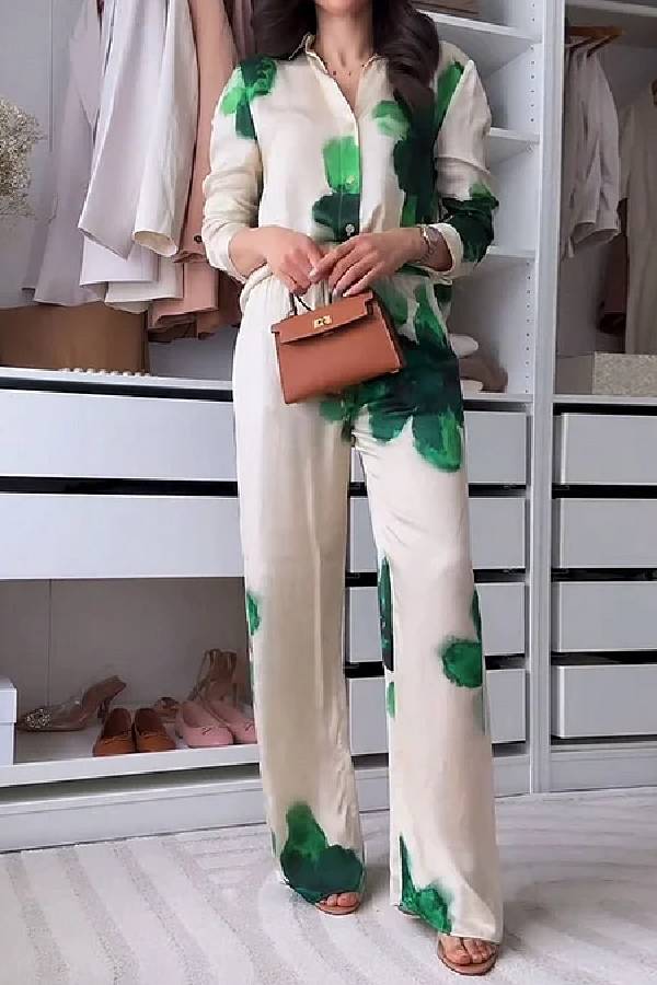 Fashion Printed Lapel Shirt & Pants Two-Piece Set